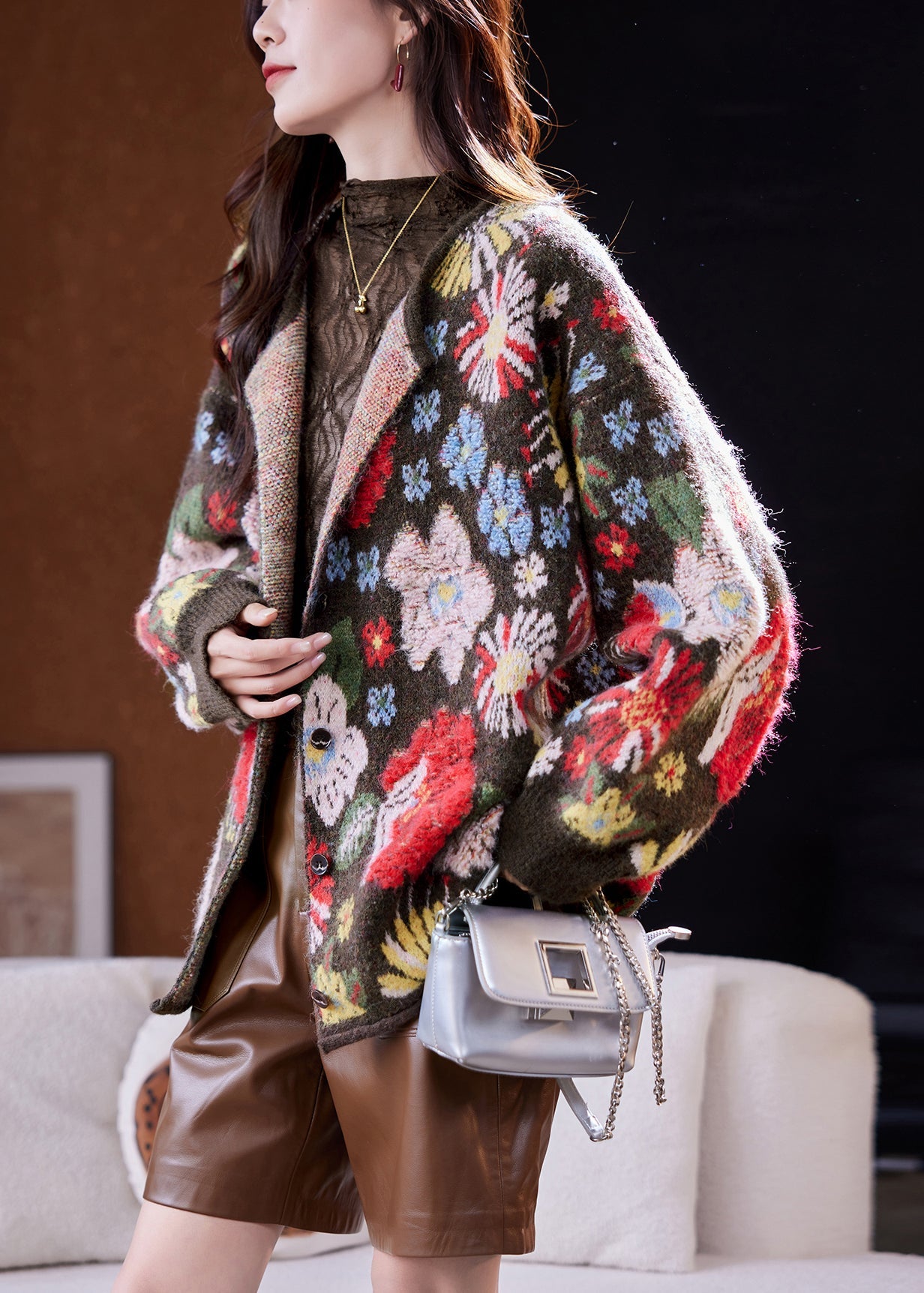 Jacquard Coffee O-Neck Button Patchwork Wool Knit Coat Spring