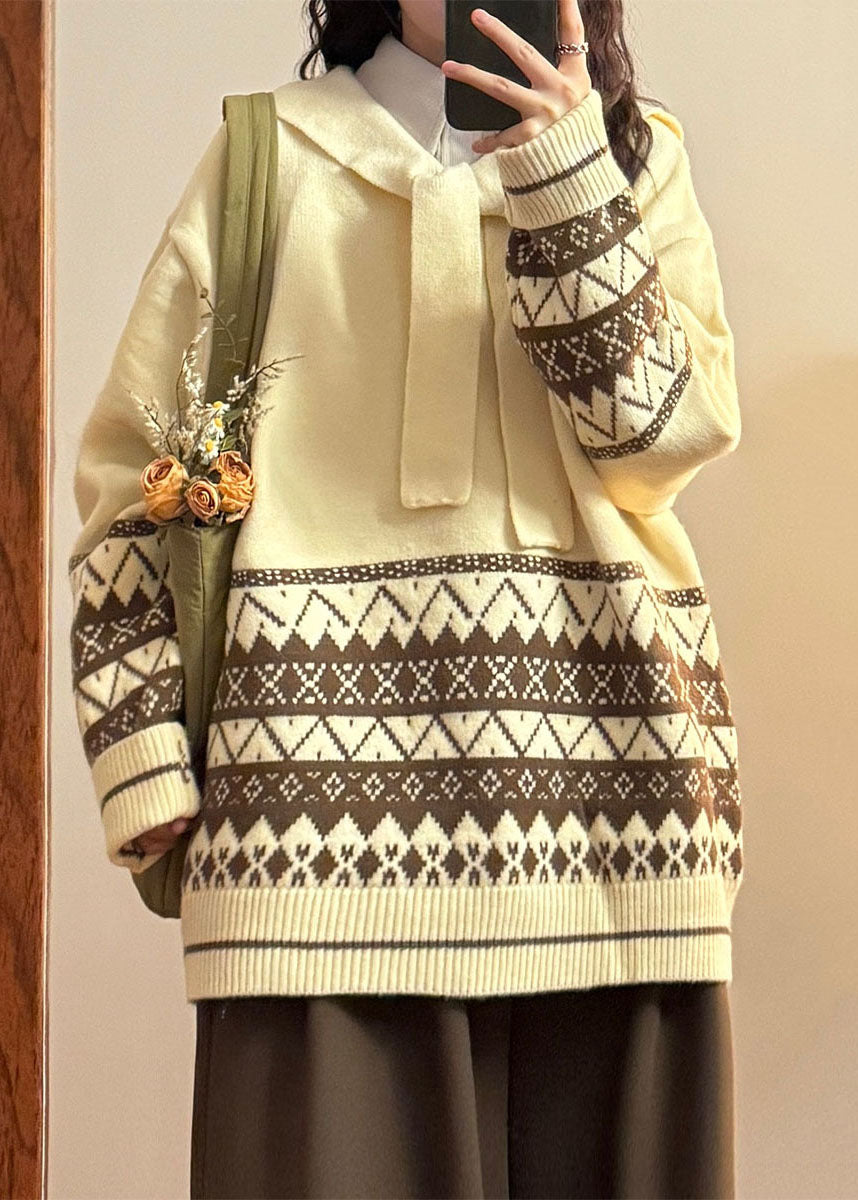 Jacquard Coffee Sailor Collar Lace Up Knit Sweater Spring