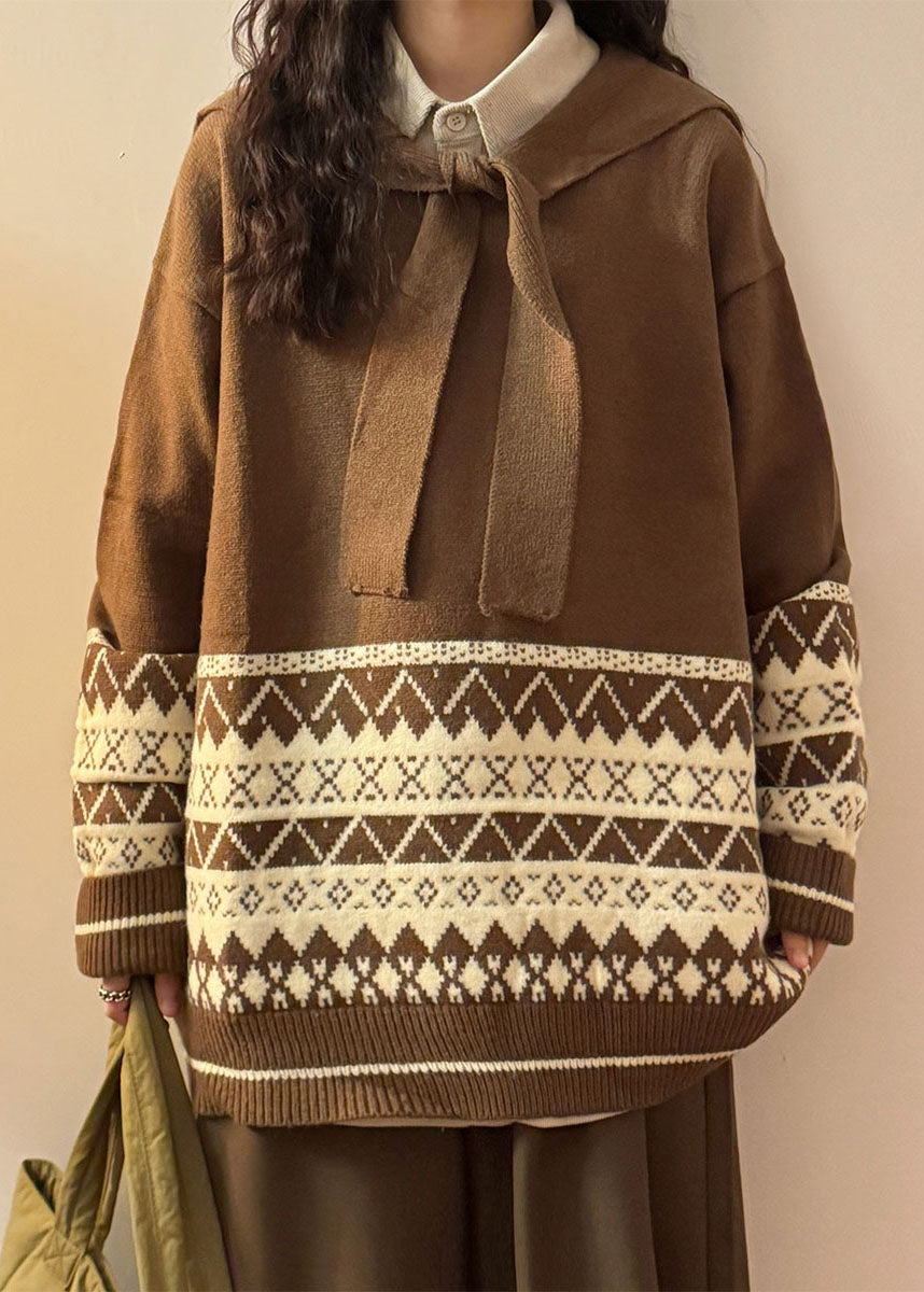 Jacquard Coffee Sailor Collar Lace Up Knit Sweater Spring