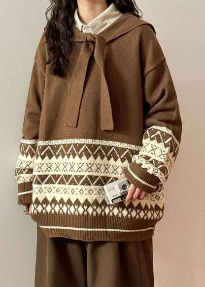 Jacquard Coffee Sailor Collar Lace Up Knit Sweater Spring