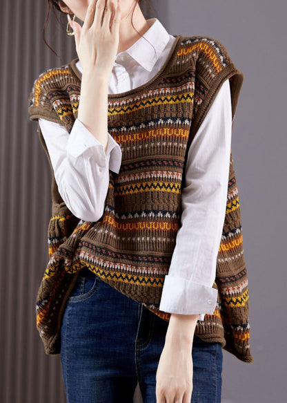 Jacquard Coffee Striped Patchwork Knit Sweater Sleeveless