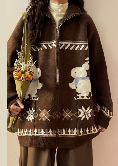 Jacquard Coffee Zip Up Pockets Knit Coats Spring