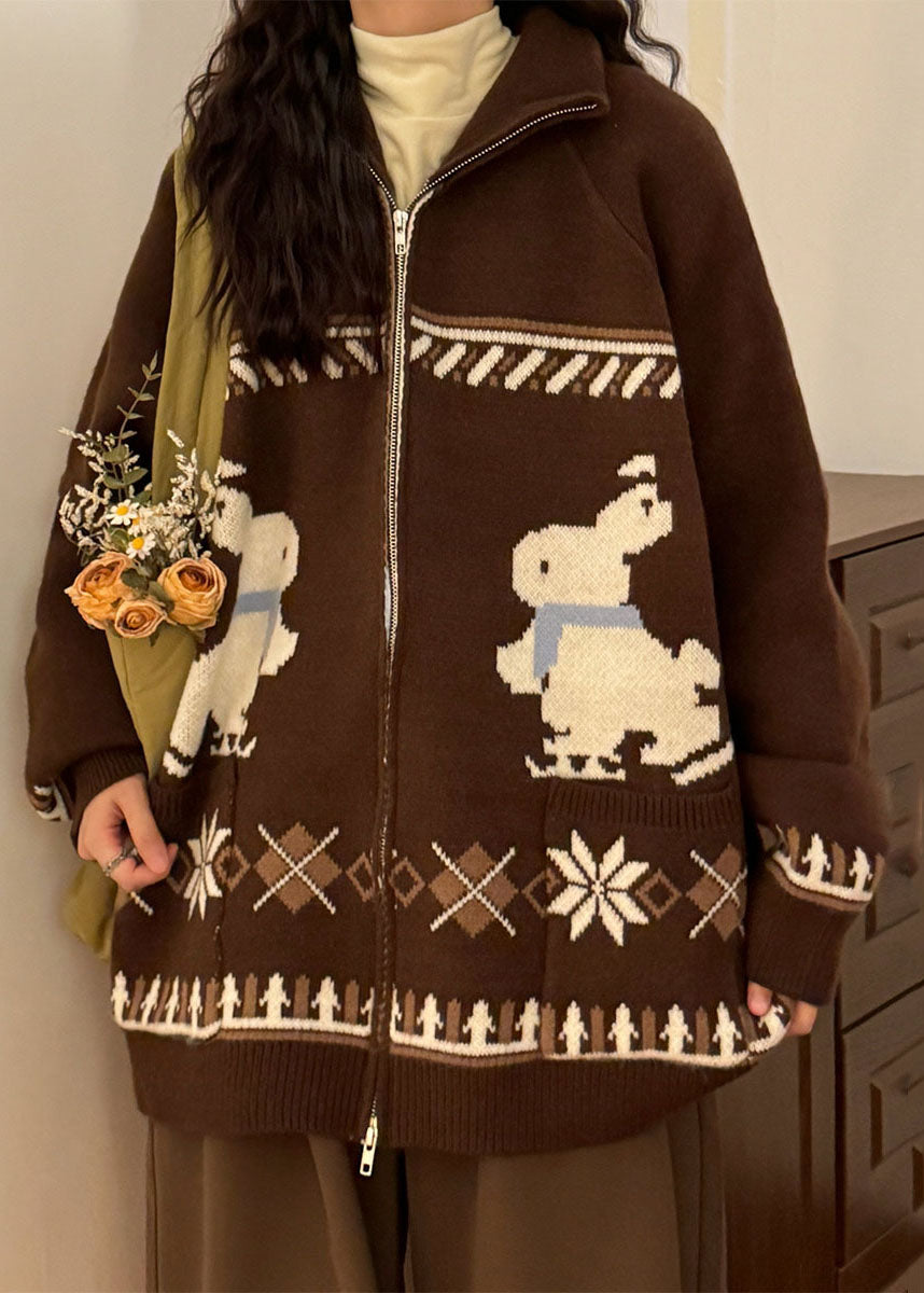 Jacquard Coffee Zip Up Pockets Knit Coats Spring