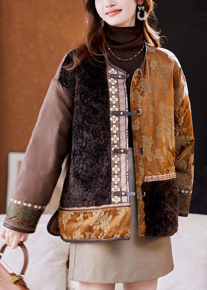 Jacquard Colorblock Asymmetrical Button Duck Down Coats Winter