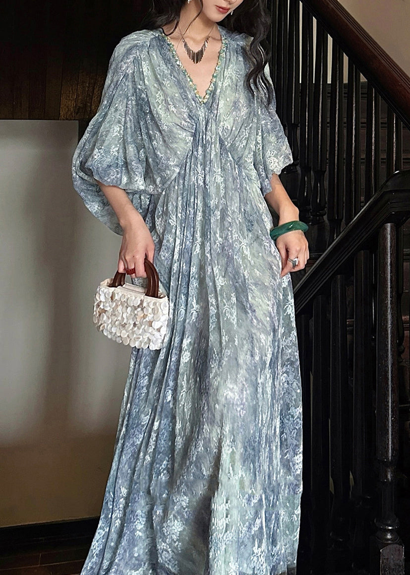 Jacquard Cyan V Neck Wrinkled Tie Dye Maxi Dress Lantern Sleeve