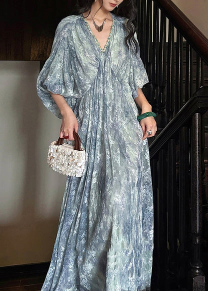 Jacquard Cyan V Neck Wrinkled Tie Dye Maxi Dress Lantern Sleeve