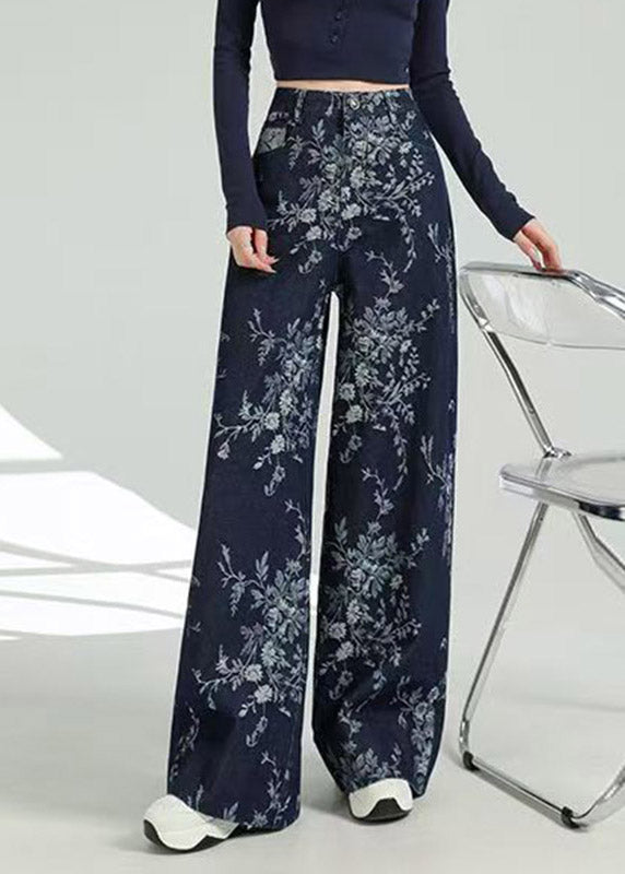 Jacquard Dark Blue Pockets Print Wide Leg Jeans
