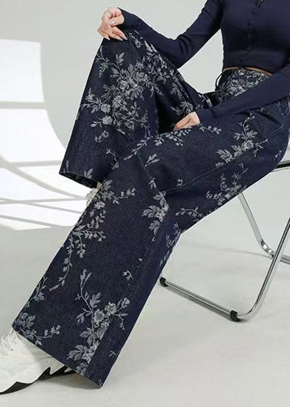 Jacquard Dark Blue Pockets Print Wide Leg Jeans
