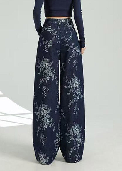 Jacquard Dark Blue Pockets Print Wide Leg Jeans
