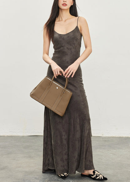 Jacquard Dark Gray Backless High Waist Cotton Spaghetti Strap Dress Sleeveless