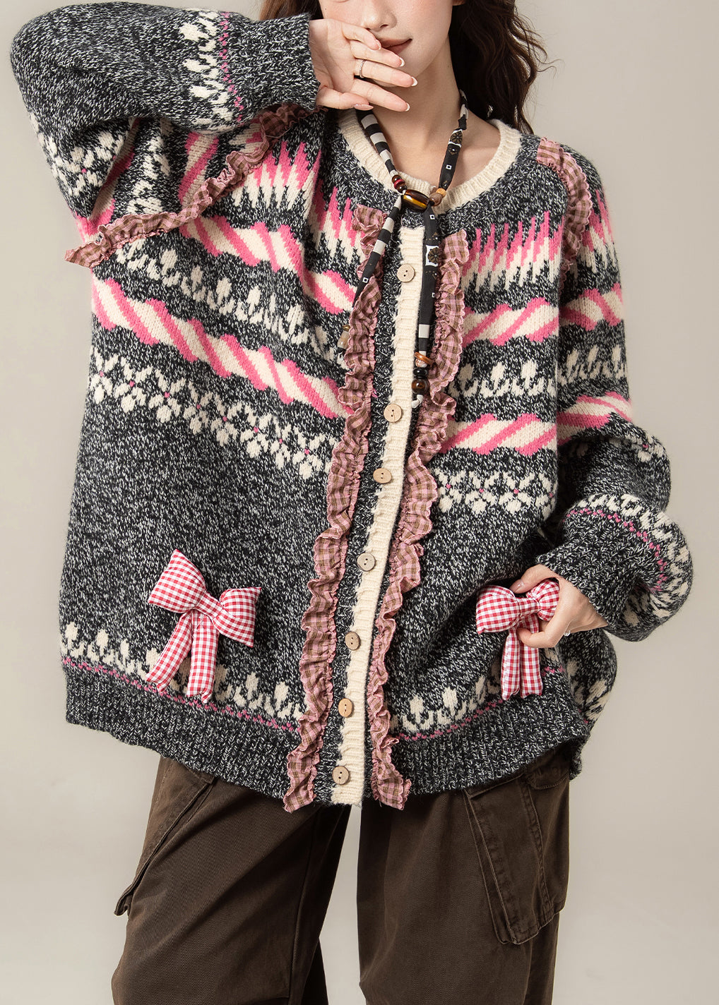 Jacquard Dark Gray Ruffled Bow Patchwork Knit Coats Spring