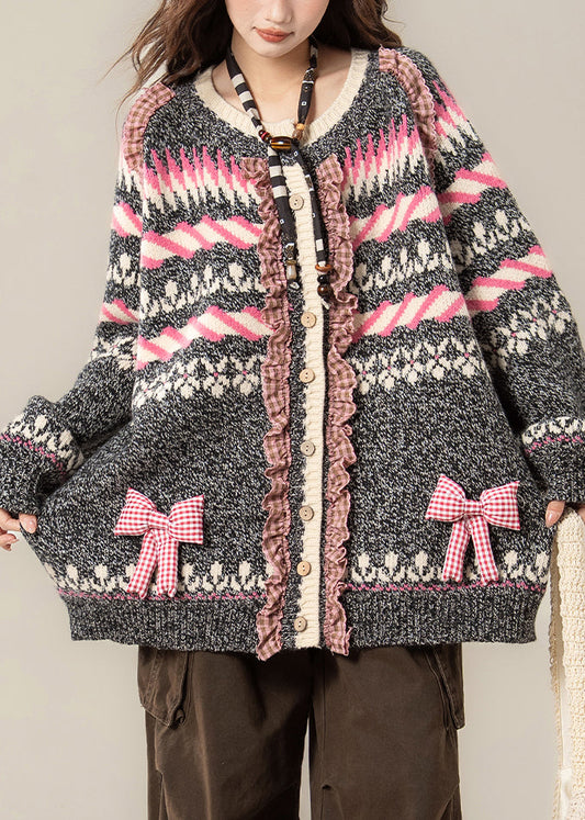 Jacquard Dark Gray Ruffled Bow Patchwork Knit Coats Spring