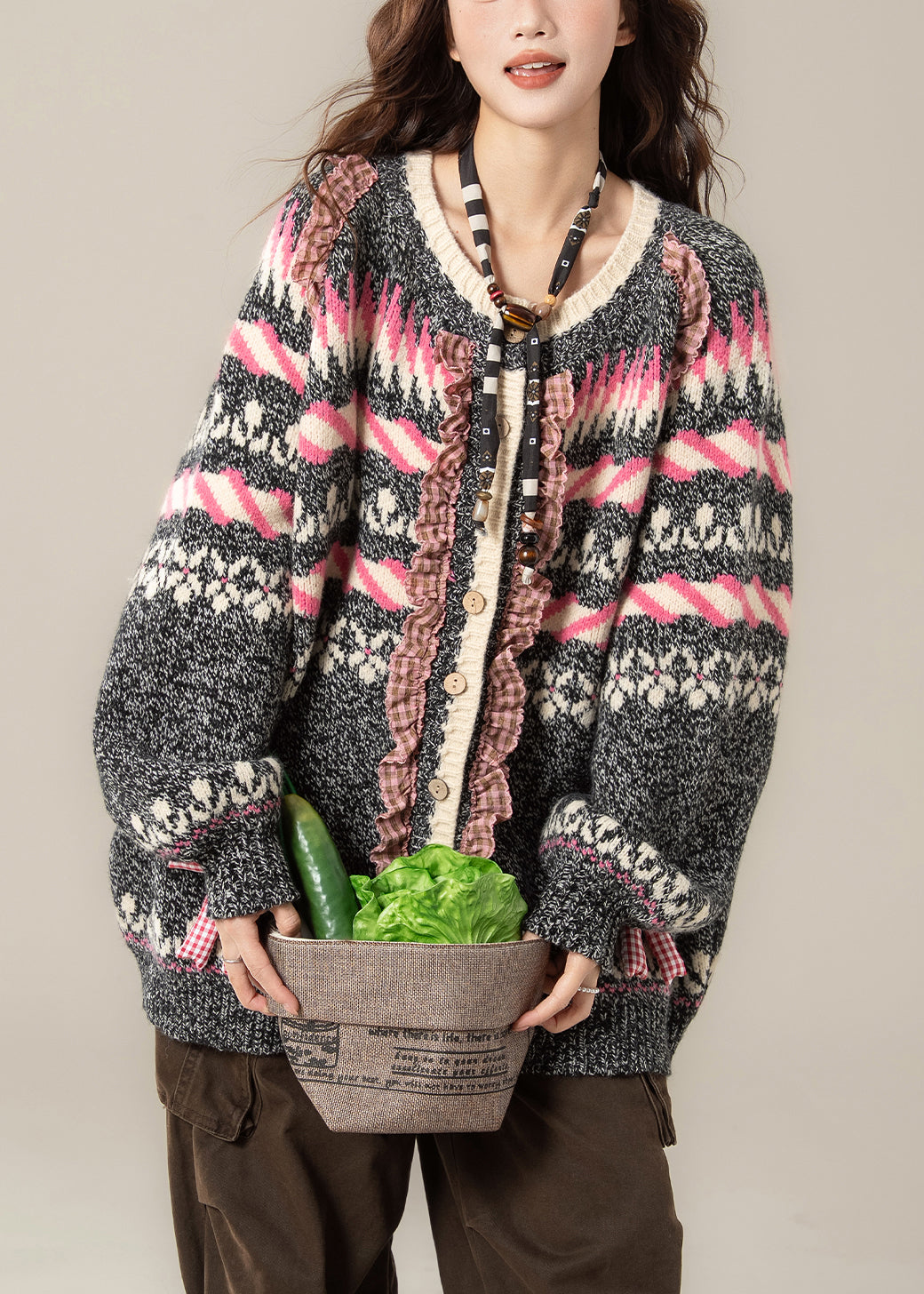 Jacquard Dark Gray Ruffled Bow Patchwork Knit Coats Spring