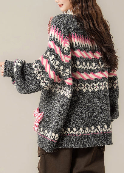 Jacquard Dark Gray Ruffled Bow Patchwork Knit Coats Spring