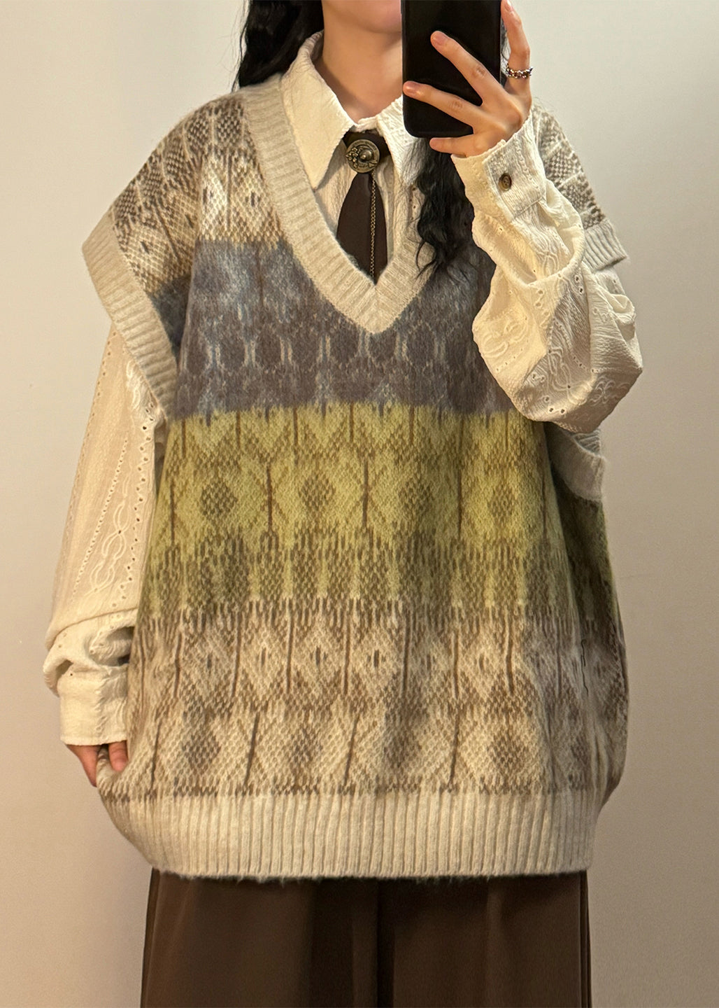 Jacquard Gradient Color V Neck Oversized Knit Vest Spring
