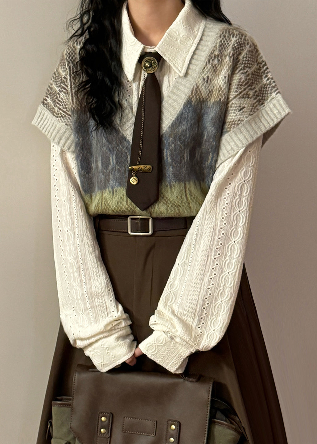 Jacquard Gradient Color V Neck Oversized Knit Vest Spring