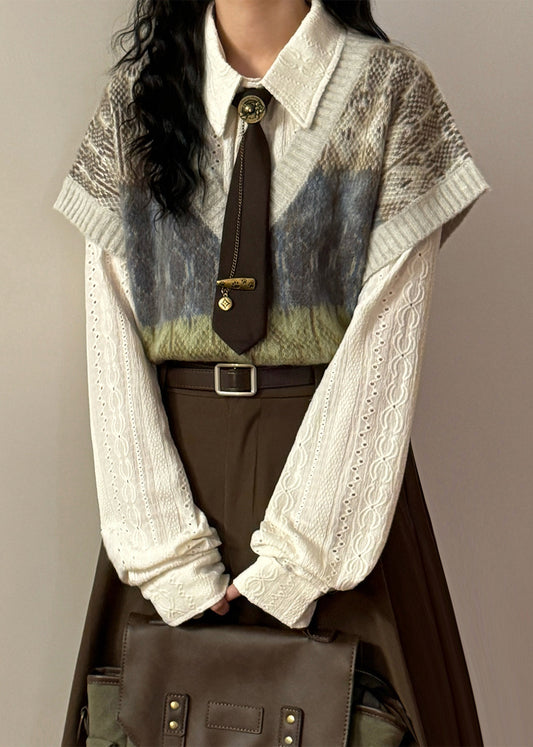 Jacquard Gradient Color V Neck Oversized Knit Vest Spring