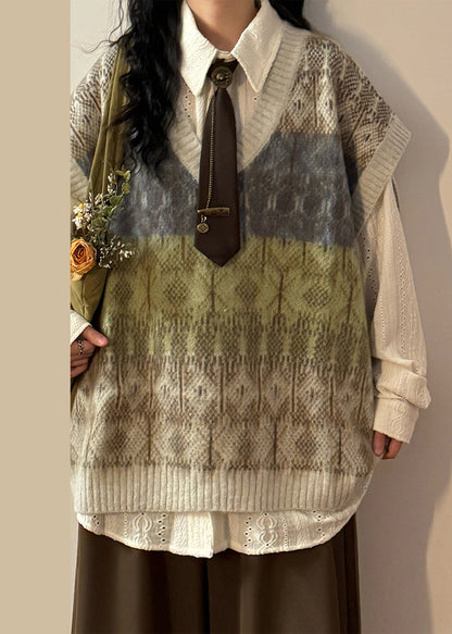 Jacquard Gradient Color V Neck Oversized Knit Vest Spring