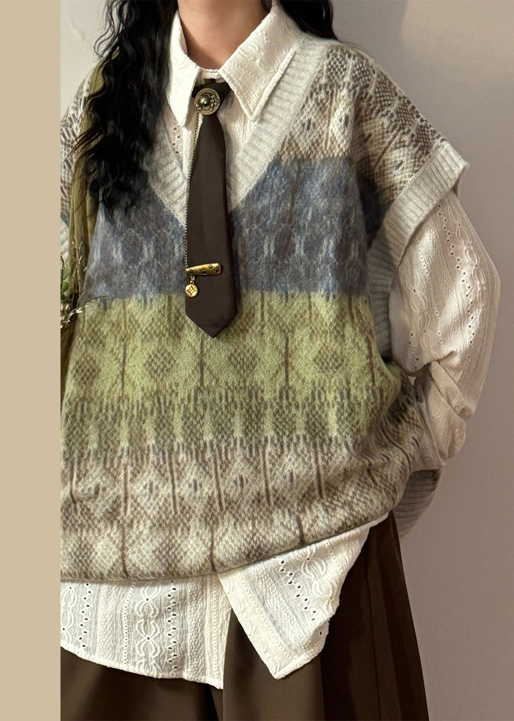 Jacquard Gradient Color V Neck Oversized Knit Vest Spring