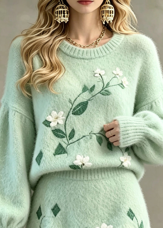 Jacquard Green O-Neck Cotton Knit Sweater And Skirts Two Pieces Set Fall