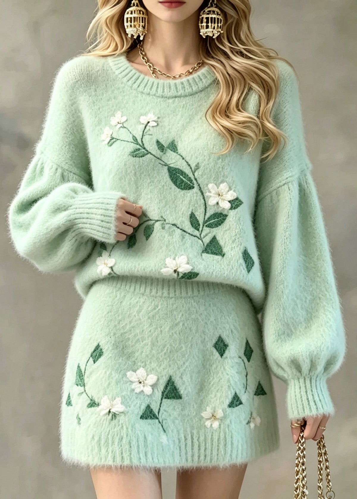 Jacquard Green O-Neck Cotton Knit Sweater And Skirts Two Pieces Set Fall