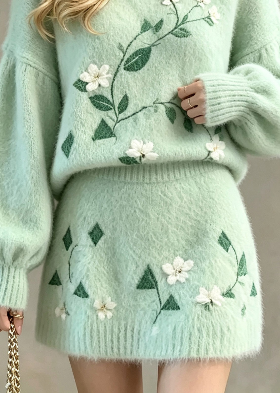 Jacquard Green O-Neck Cotton Knit Sweater And Skirts Two Pieces Set Fall