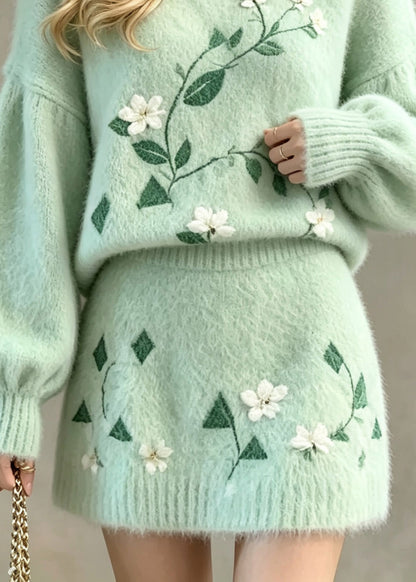 Jacquard Green O-Neck Cotton Knit Sweater And Skirts Two Pieces Set Fall