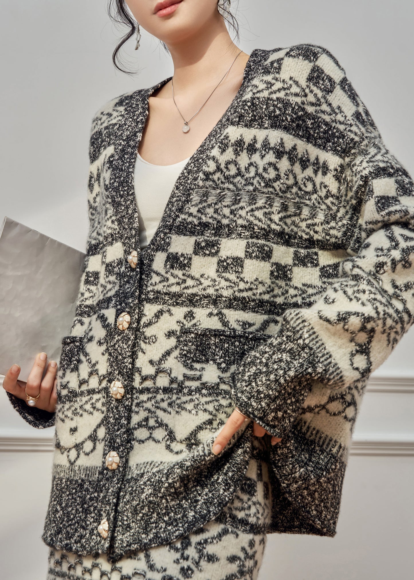 Jacquard Grey Button Pockets Coat And Skirts Knit Two Piece Set Winter