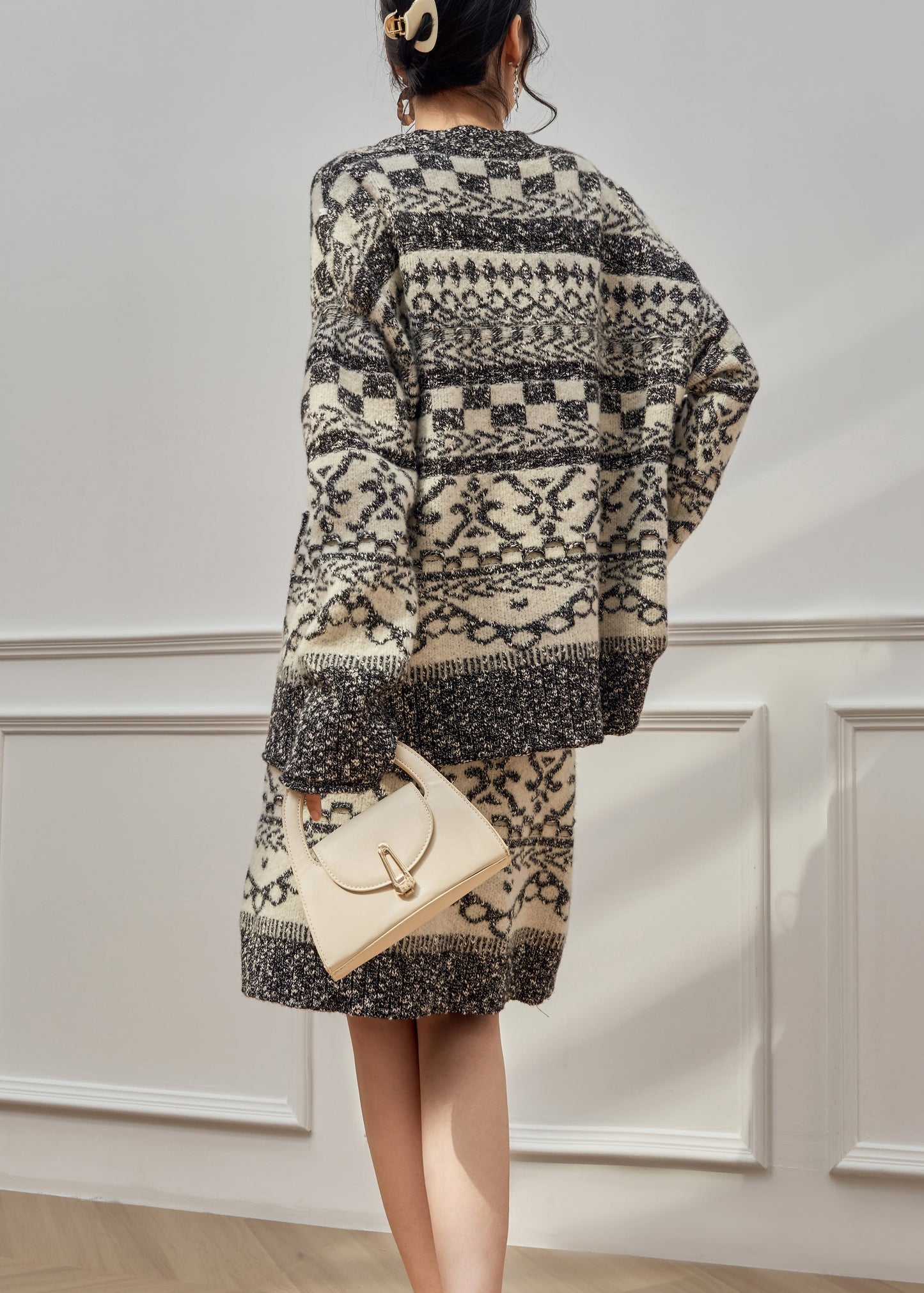 Jacquard Grey Button Pockets Coat And Skirts Knit Two Piece Set Winter