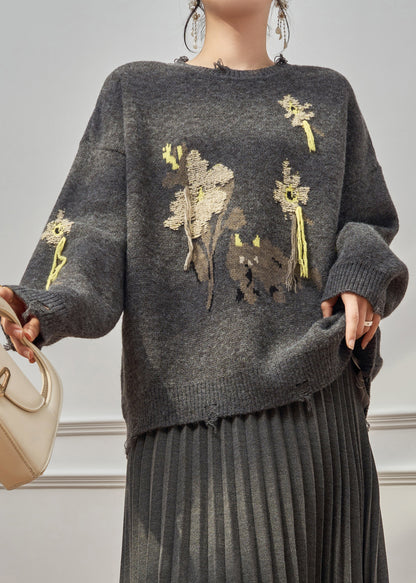 Jacquard Grey Hole Cozy Knit Sweater Tops Winter