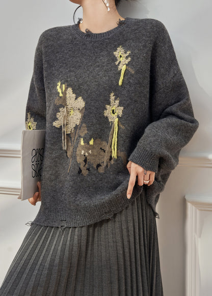 Jacquard Grey Hole Cozy Knit Sweater Tops Winter