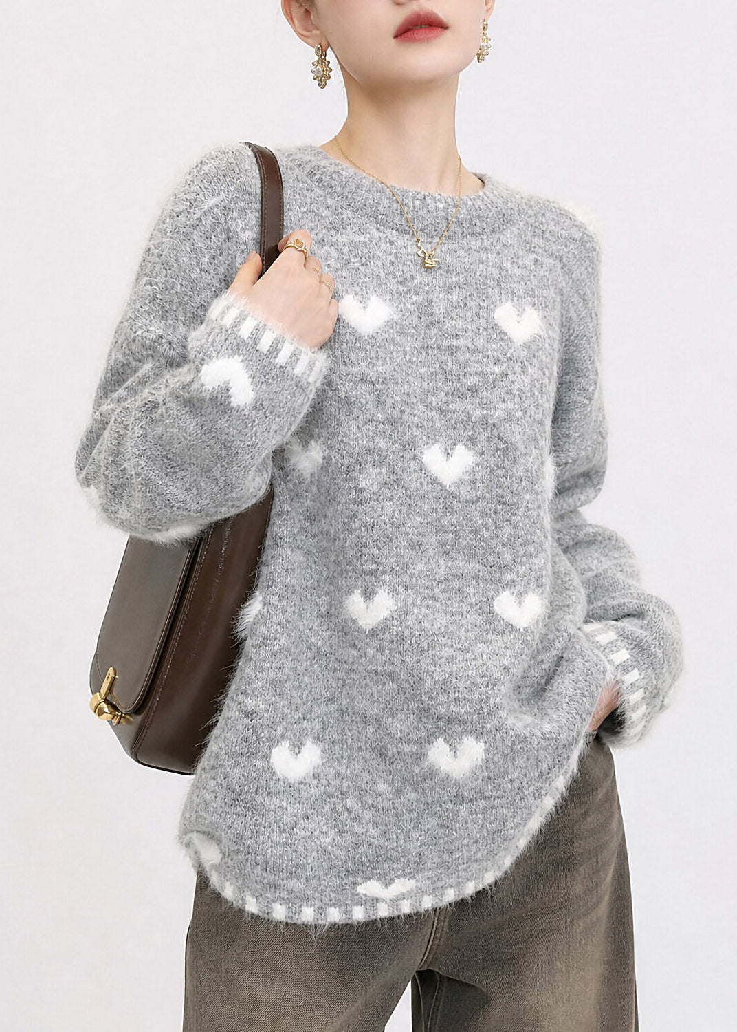 Jacquard Grey O-Neck Love Cotton Knit Sweater Fall
