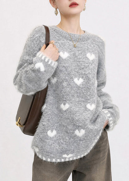 Jacquard Grey O-Neck Love Cotton Knit Sweater Fall