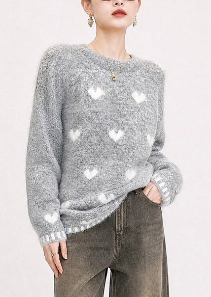 Jacquard Grey O-Neck Love Cotton Knit Sweater Fall