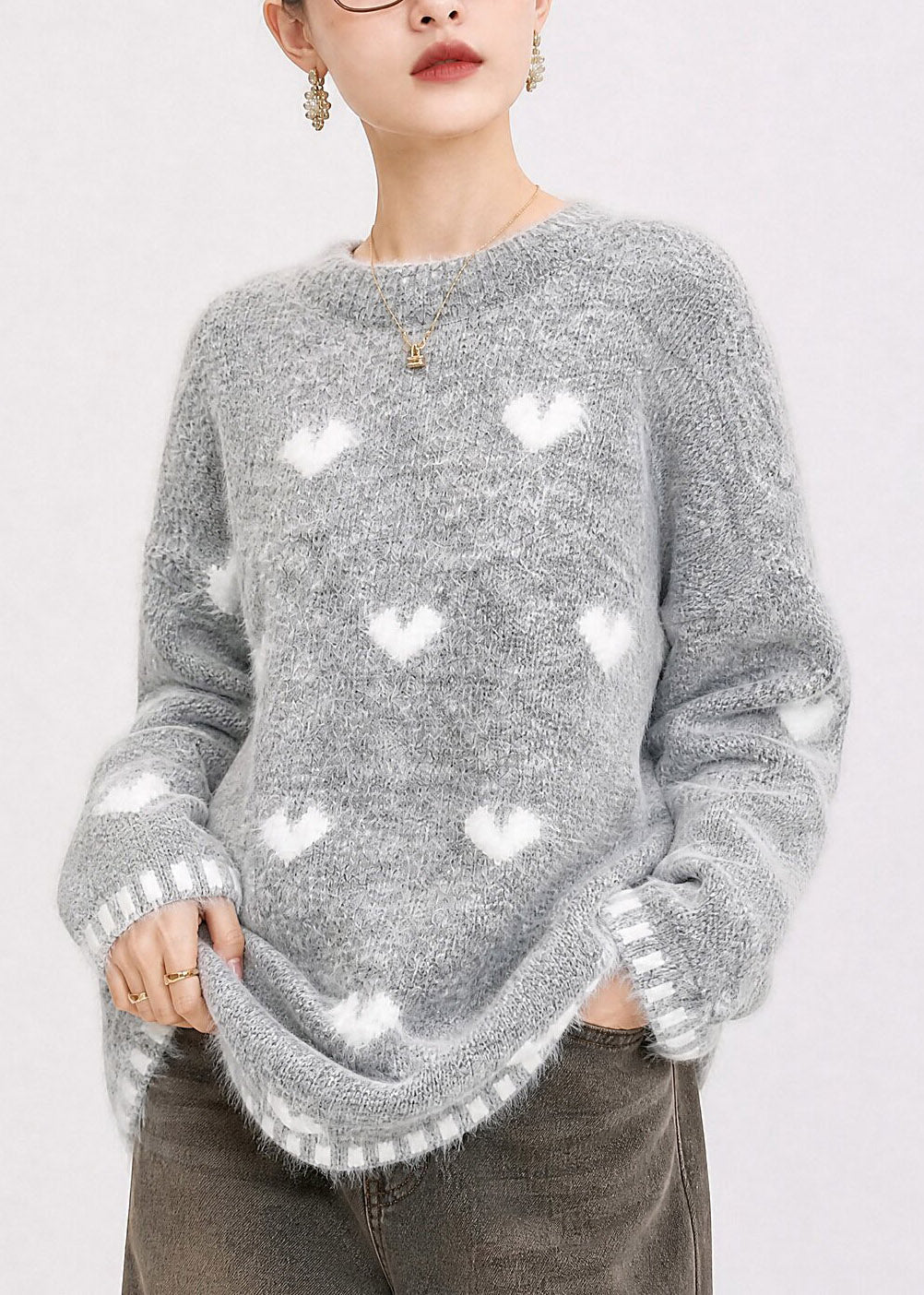 Jacquard Grey O-Neck Love Cotton Knit Sweater Fall