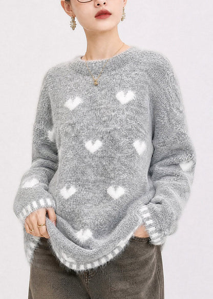 Jacquard Grey O-Neck Love Cotton Knit Sweater Fall
