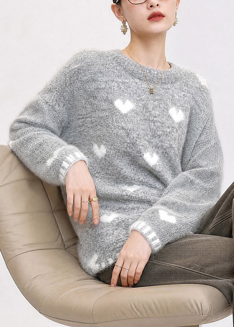 Jacquard Grey O-Neck Love Cotton Knit Sweater Fall