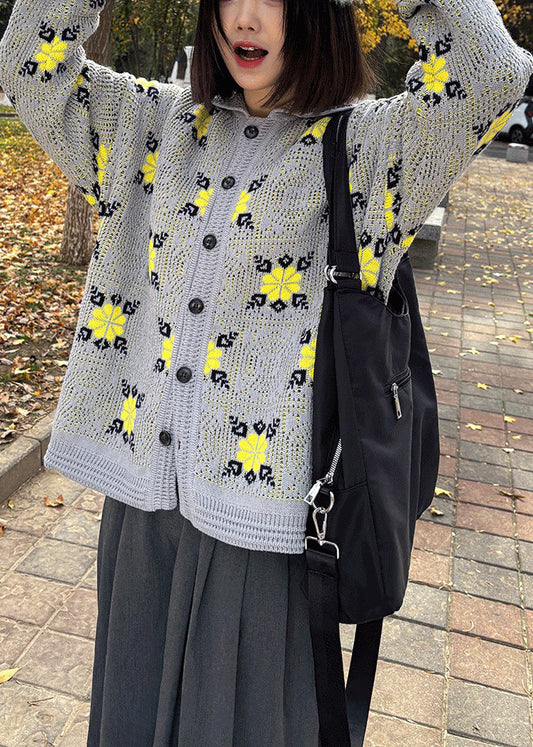 Jacquard Grey Peter Pan Collar Button Knitted Cotton Coats Fall