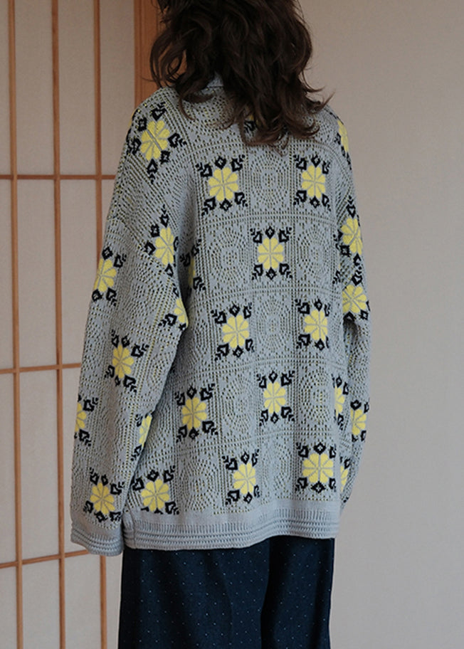 Jacquard Grey Peter Pan Collar Button Knitted Cotton Coats Fall