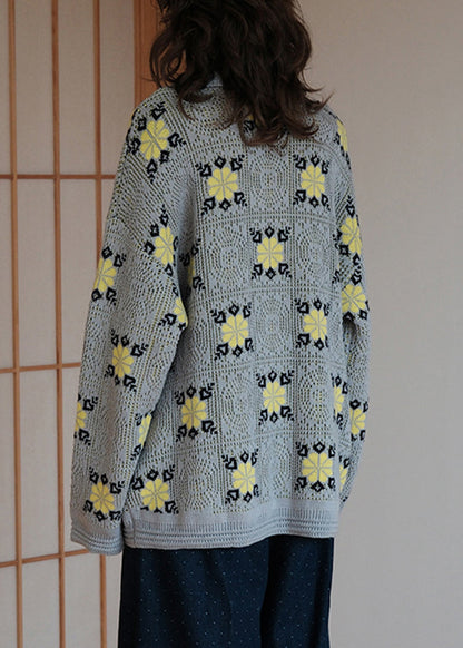 Jacquard Grey Peter Pan Collar Button Knitted Cotton Coats Fall