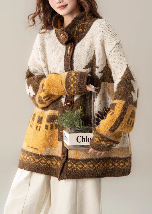 Jacquard Khaki Peter Pan Collar Button Knit Coat Spring