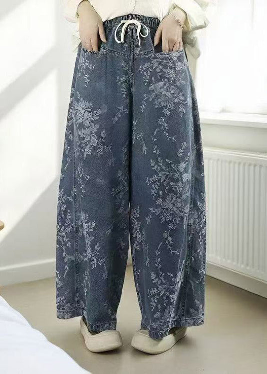 Jacquard Light Blue Pockets Tie Waist Wide Leg Jeans Trousers Spring