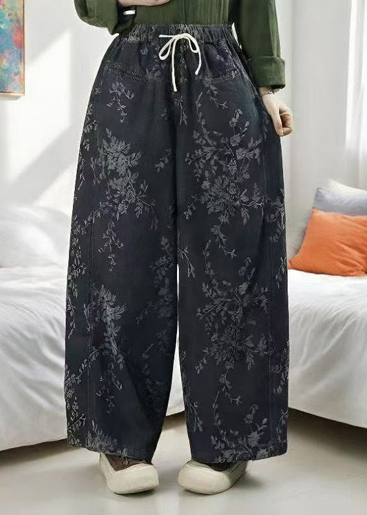 Jacquard Light Blue Pockets Tie Waist Wide Leg Jeans Trousers Spring