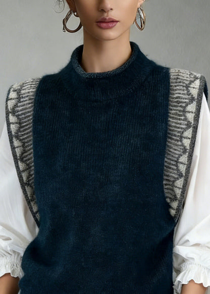 Jacquard Navy Cozy Patchwork Knit Vest Sleeveless