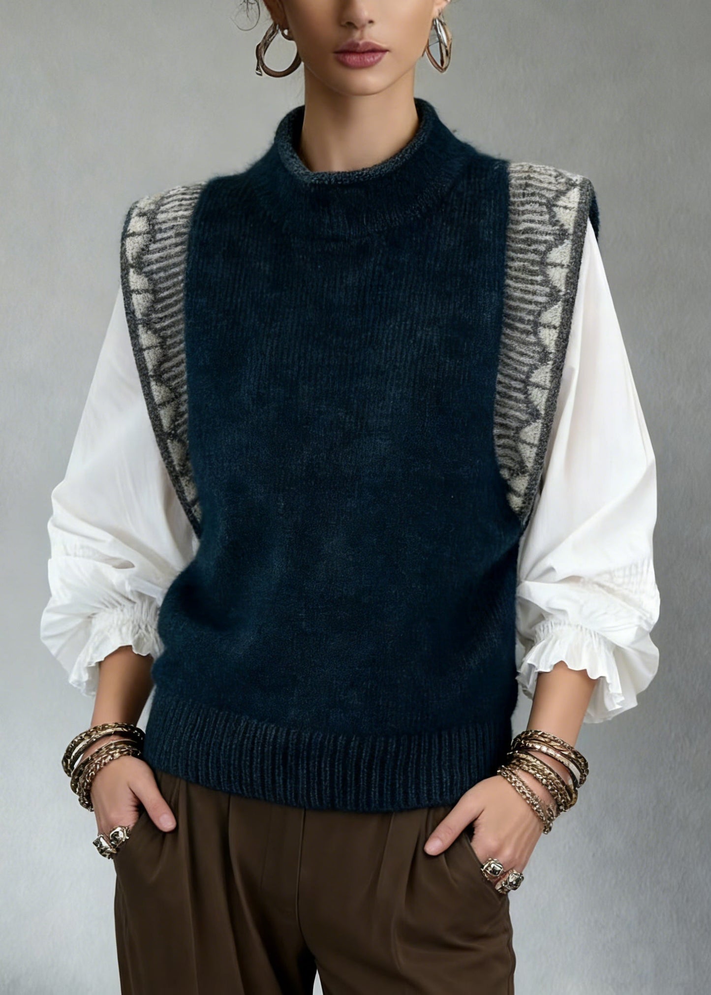 Jacquard Navy Cozy Patchwork Knit Vest Sleeveless