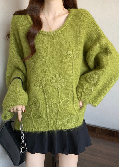 Jacquard Olive Green O Neck Cozy Knit Sweater Tops Winter