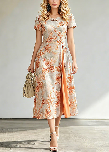 Jacquard Orange O-Neck Asymmetrical Long Dresses Short Sleeve