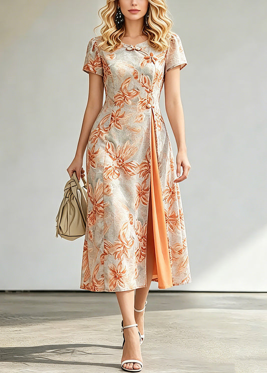 Jacquard Orange O-Neck Asymmetrical Long Dresses Short Sleeve