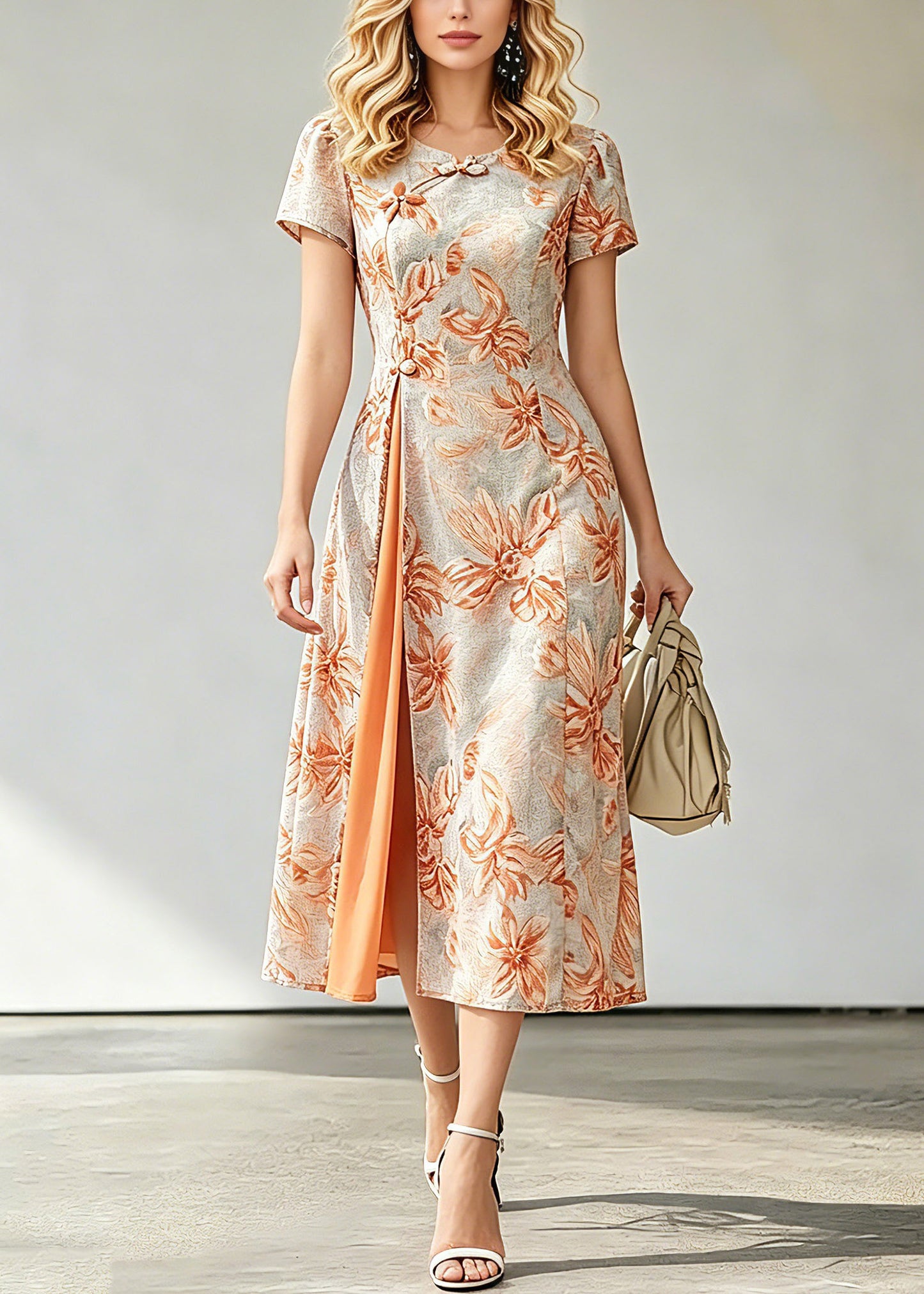 Jacquard Orange O-Neck Asymmetrical Long Dresses Short Sleeve