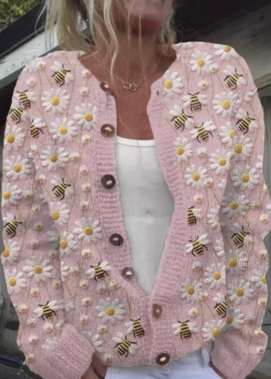 Jacquard Pink Button Cozy Knit Cardigan Spring